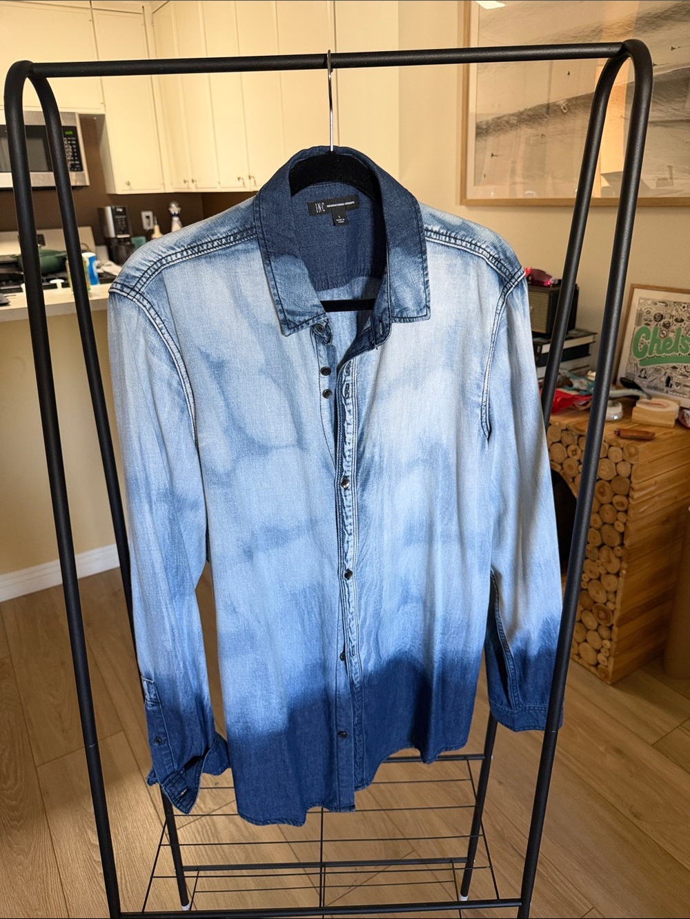 INC International Concepts Ombre Dip Dye Cloud Denim Shirt Mens Large